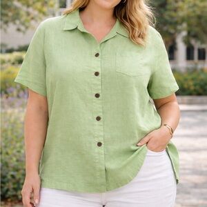 Caribbean Joe 100% Linen Button-Front Shirt‎ – 1X pistachio green
